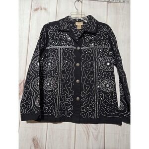 Choices Jacket Womens Small Black Embroidered Sequin Boho Art Button Front